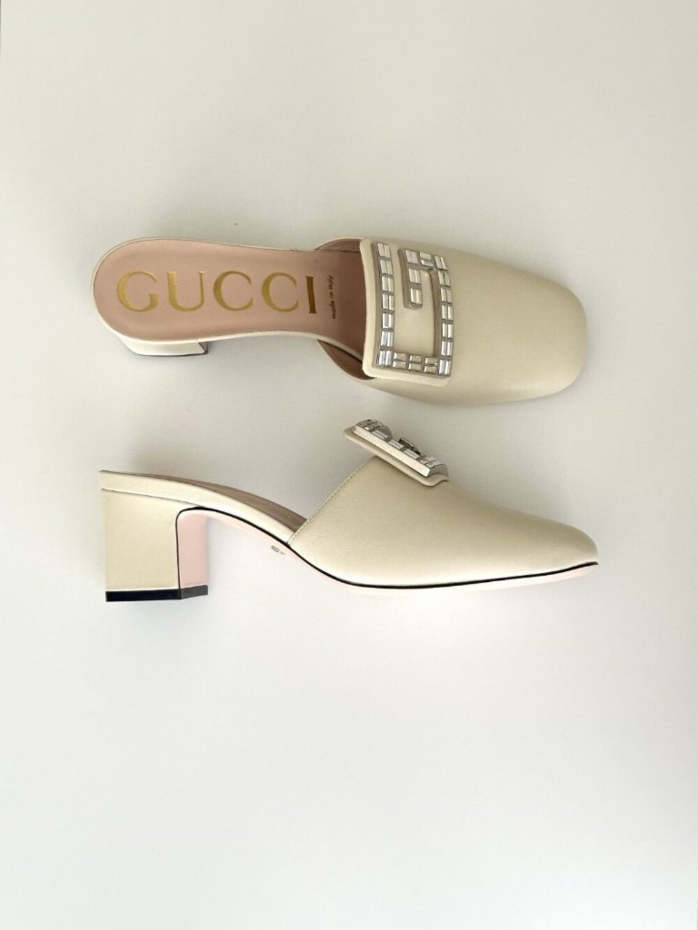 NEW GUCCI Cream Leather Crystal G Logo Mule Block Heels Size 38